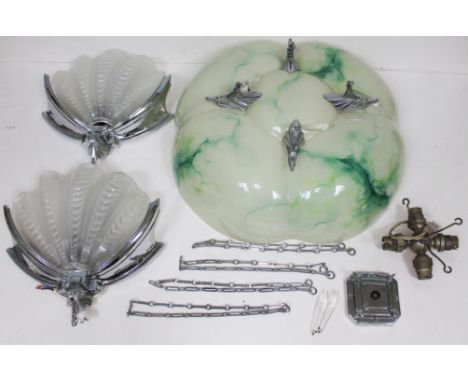 An Art Deco glass light fitting with stylised chrome eagle mounts and glass drops, registered design RD788374 with a pair of 