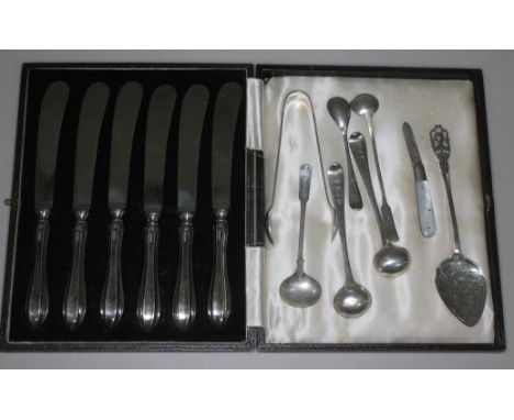 A mixed lot of hallmarked silver comprising a cased set of six silver handled knives, sugar tongs, mustard spoons, jam spoon 