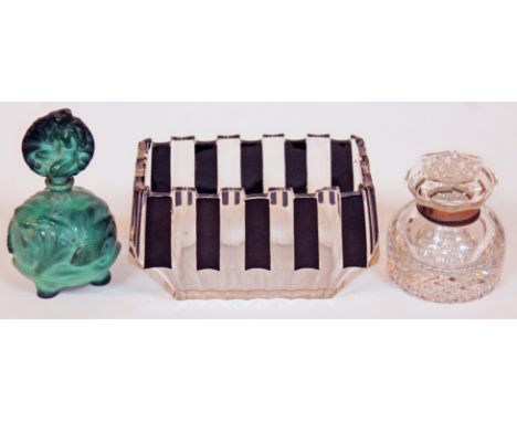 Three pieces of glassware comprising an Art Deco malachite glass scent bottle, an Art Deco vase and a cut glass inkwell.  