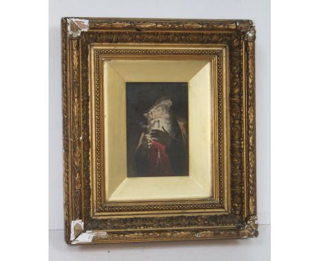 19th century school, portrait of an old man smoking, oil on board, 9cm x 13cm, unsigned, framed 26cm x 30cm.  