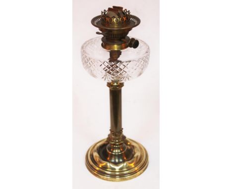 A Victorian Messenger brass oil lamp with cut glass reservoir, height 45cm.  