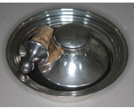 A mixed lot of hallmarked silver comprising a coaster, a bottle stop and an inkwell.  