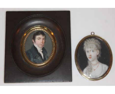 A matched pair of 19th century portrait miniatures, one framed 9.5cm x 10.5cm.  