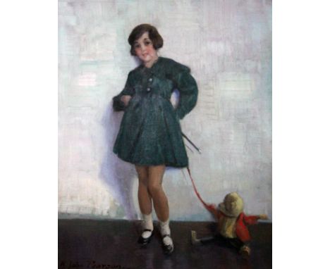 H John Pearson RBA (1872-1933), full length portrait of a girl with teddy bear, oil on canvas, 39cm x 49cm, signed lower left