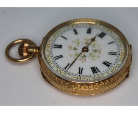 A ladies 18ct gold pocket watch, marked 18.75 with import marks to outer and inner case backs and ring, case diameter 35mm, g