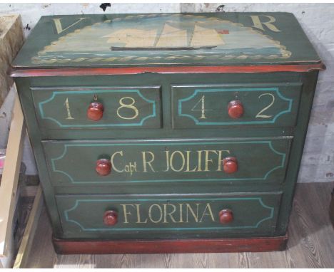 A Victorian pine chest of drawers and bearing decoration 'VR 1842 Capt R Jolief Florina', width 102cm, depth 47cm &amp; heigh