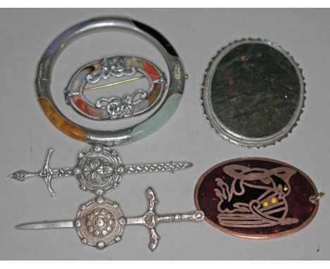 Vintage jewellery comprising  matched pair of Scottish hallmarked silver brooches of sword and shield form, a white metal har