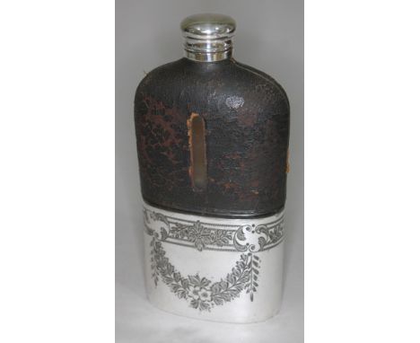 A large silver plated and leather hip flask, height 22cm.  