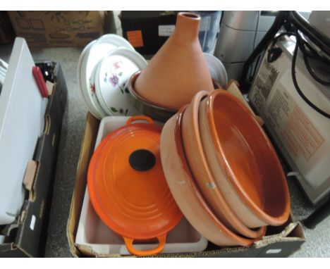 A box of ceramic cookery pots including Tagine