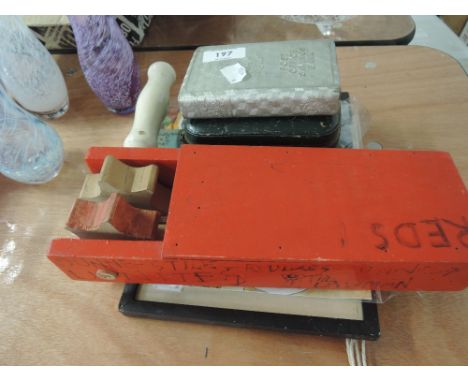 A metal post office savings bank and vintage rattle etc