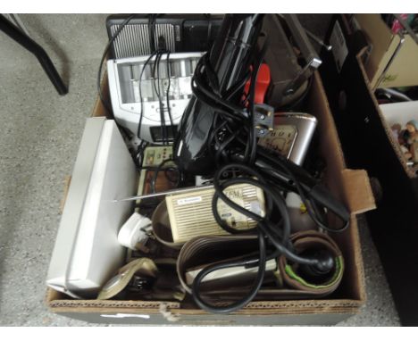 A box of assorted electrical equipment including two vintage tape recorders and a Marshalls sphygmomanometer etc