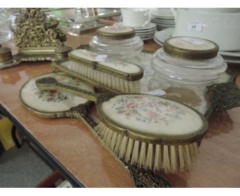 A tapestry design vintage vanity set and gilt effect ink well and letter rack