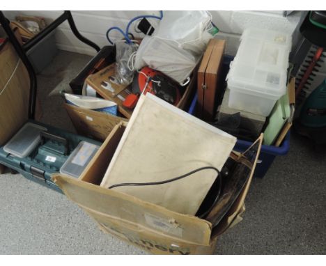 Four boxes of tools, cabinets, drawers and vintage print drier