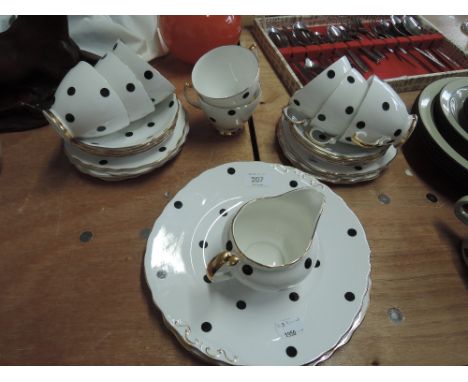 A Royal Vale part tea service white with black spots and gilt handles