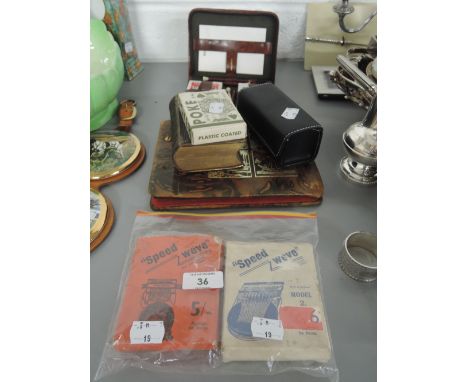 A collection of playing cards, two vintage Speed Weve Lancashires smalles looms, vintage dominos