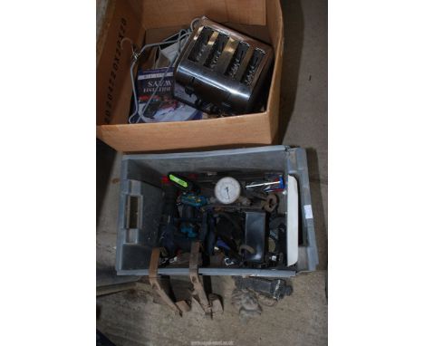 Toaster, Steam Trains, Great British Railways DVD, coat hangers, videos etc., climbing brackets, old tools and drills in two 