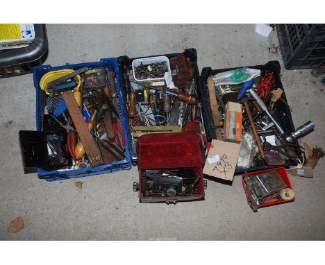 Three trays of miscellaneous tools;  sockets, pliers, mole grips, ratchet etc.