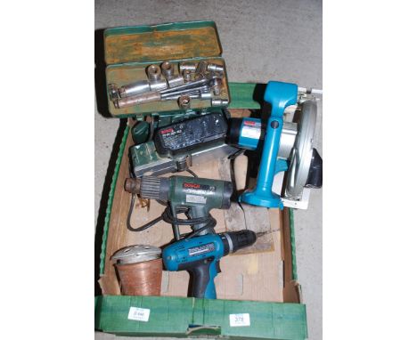 Box of Bosch electric sander, hot air gun, Kamasa 1/2'' drive socket set.