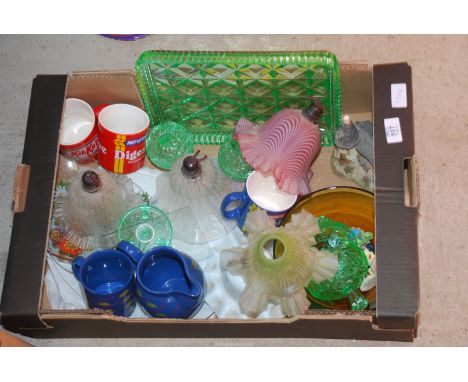 Box of coloured glass, lamp shades, mugs etc.