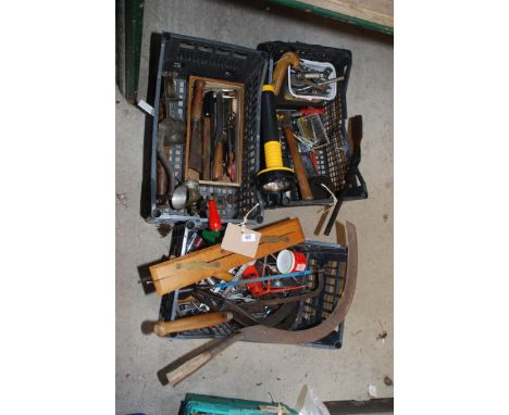 Three trays of miscellaneous tools, two old mirrors, Stilsons, hedge bill heads, shears, spanners, etc.