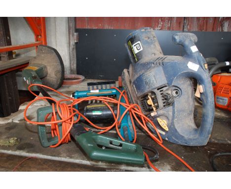 Black &amp; Decker chainsaw and electric strimmer (sold as seen), plus PP engine blower. 