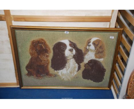 Woolwork tapestry of King Charles Spaniels, 42" x 30".