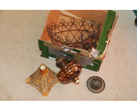 Old lamp, a/f and a hanging basket.