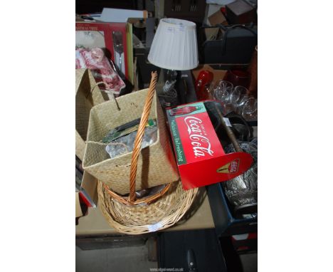 Wicker baskets, lamp and shade, Cola bottle carrier etc.