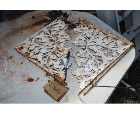 Two pairs of cast iron shelf brackets, trailing flowery stem pattern, 17'' x 17''.