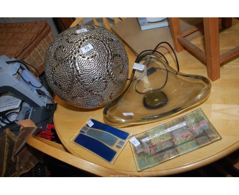 Coloured glass plaque, tray and silver globe light.