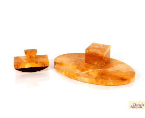 An Art Deco marble pen stand, inkwell and blotter set
