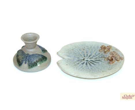 A Bernard Rooke Lily Pad dish decorated frogs and a Bernard Rooke dwarf candlestick with butterfly decoration 