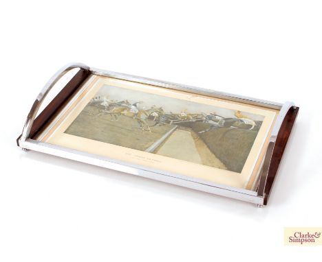 An Art Deco chrome mounted twin handled drinks tray, decorated with a print of the Grand National "The First Open Ditch"