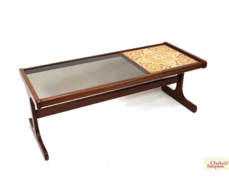 A G-plan tile and glass topped coffee table, 120cm wide x 49cm deep x 43cm high