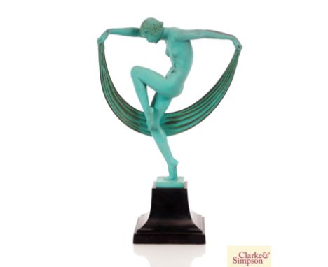 Denis, bronzed Art Deco figure of a nude dancing girl with sash, raised on an ebonised plinth, 31cm high