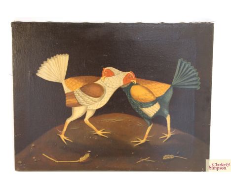An overpainted print on canvas of fighting cocks 37cm x 49cm 