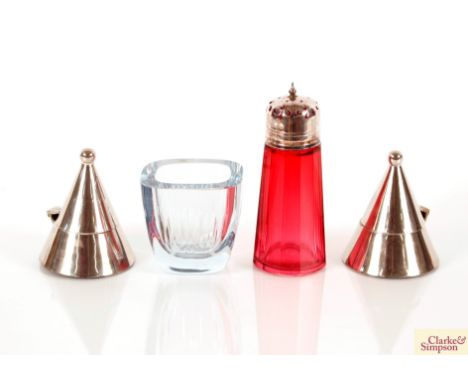 A ruby glass sugar shaker with plated mount; a Scandinavian blue glass posy vase; and a pair of plated cone shaped ink wells,