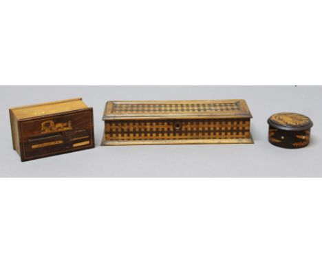 MIXED LOT; a parquetry work box containing an intaglio, wax sealing set etc, length 36cm, together with a Spanish cigarette/m