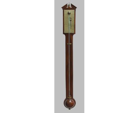 MAHOGANY STICK BAROMETER, with a broken, temple pediment, the gauge inscribed Dolland, London above the column with turned re