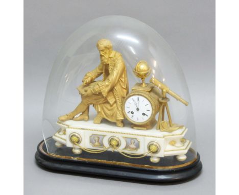 FRENCH GILT METAL AND MARBLE CLOCK, late 19th century, the 3 1/2" enamelled dial on a brass, eight day movement hourly striki