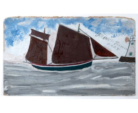 ALFRED WALLIS (1855-1942) FRENCH FISHIN BOAT [sic] Inscribed with title, oil on card 17.5 x 29.5cm approx.  Provenance: Colle