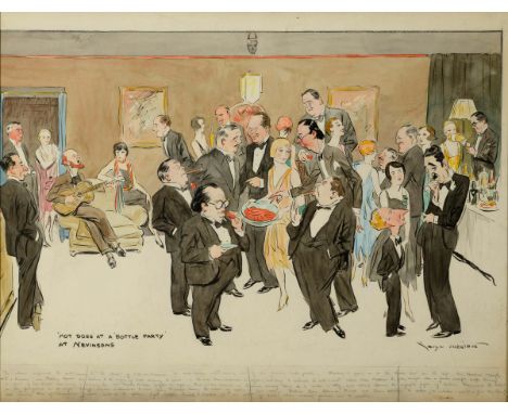 •GEORGE WHITELAW (1887-1957) HOT DOGS AT A BOTTLE PARTY AT NEVINSONS Signed, inscribed with title, with lengthy pencil inscri