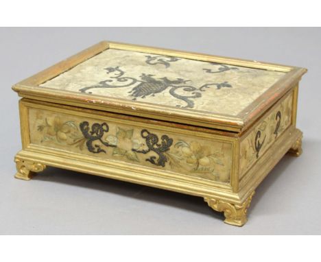 CONTINENTAL GILTWOOD AND TAPESTRY MOUNTED WORK BOX, possibly 18th century, each side with embroidered silk panels of birds, f