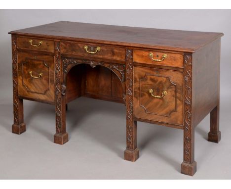GEORGE III STYLE MAHOGANY SIDEBOARD, the rectangular top above three short drawers in turn above two deep bottle or decanter 