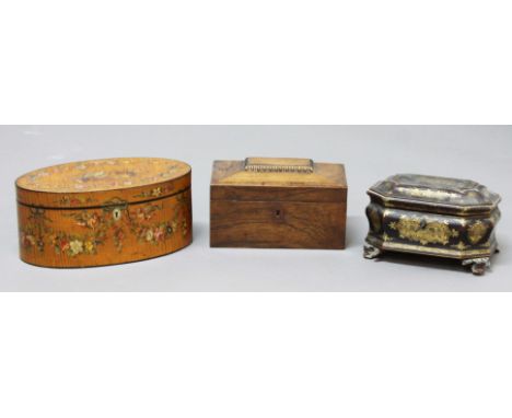 REGENCY SATINWOOD OVAL BOX, painted with musical instruments inside a floral wreath border, length 28.5cm; together with a Ch