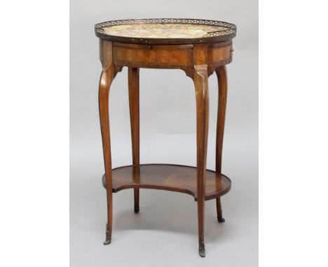 FRENCH KINGWOOD AND MARBLE TABLE EN CHIFFONIERE, late 19th century, the galleried, oval top with a leather inset slide and a 