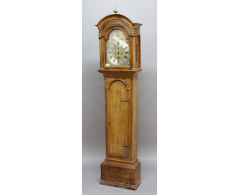 OAK AND PINE LONGCASE CLOCK, the 12" brass dial with 11" silvered chapter ring, with subsidiary seconds dial, date aperture a