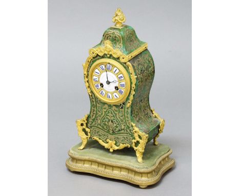 LOUIS XV STYLE GREEN TORTOISESHELL BOULLE MANTLE CLOCK, 19th century, the dial with blue and white enamelled numerals, the wh