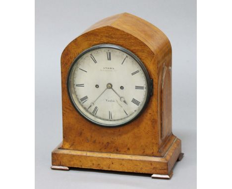 REGENCY BURR OAK MANTEL CLOCK, the 6 1/2" silvered dial inscribed Adams/36 Lombard Stt/London on a brass, eight day, twin fus