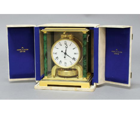 JAEGER LE COULTRE ATMOS CLOCK, Vendome model, the enamelled dial on a brass movement, the glazed case with malachite style co